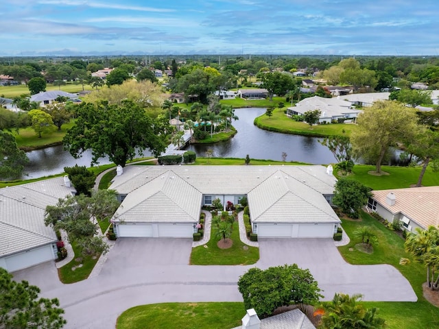 bird's eye view with a water view