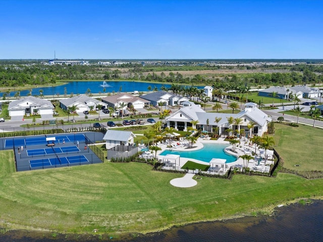 drone / aerial view with a water view