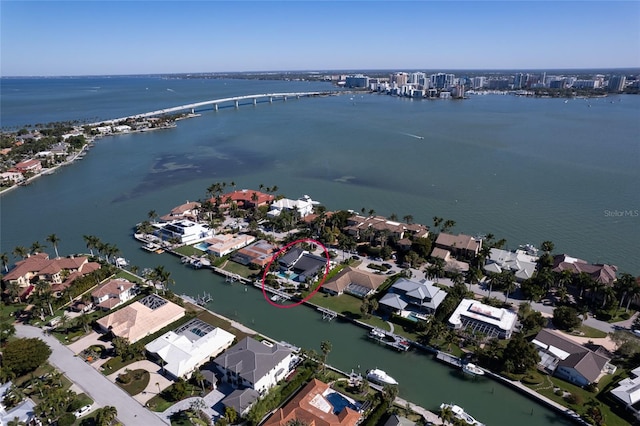 drone / aerial view featuring a water view