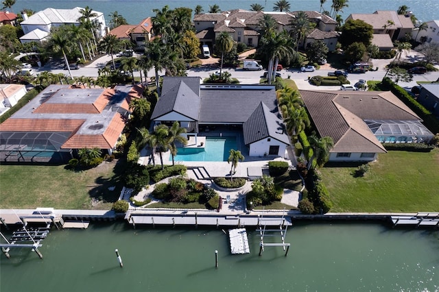 drone / aerial view featuring a water view