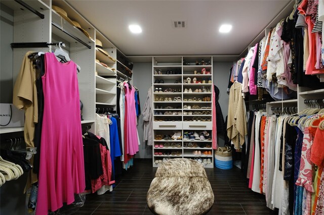 spacious closet featuring dark hardwood / wood-style flooring