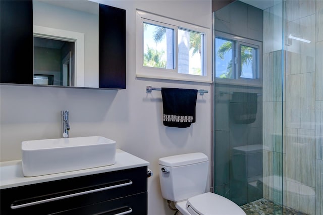 bathroom featuring toilet, vanity, and a shower with door