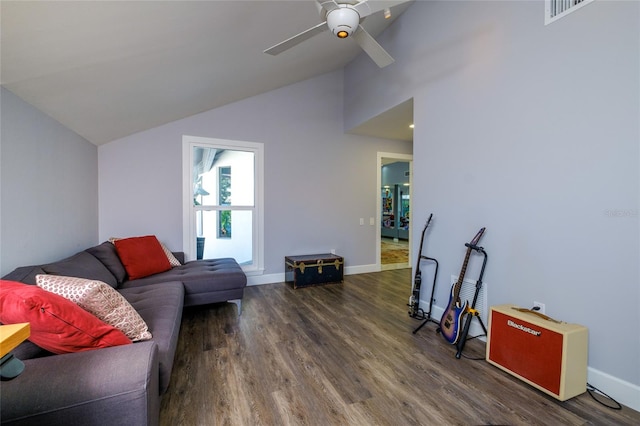 living room with dark hardwood / wood-style floors, vaulted ceiling, and ceiling fan