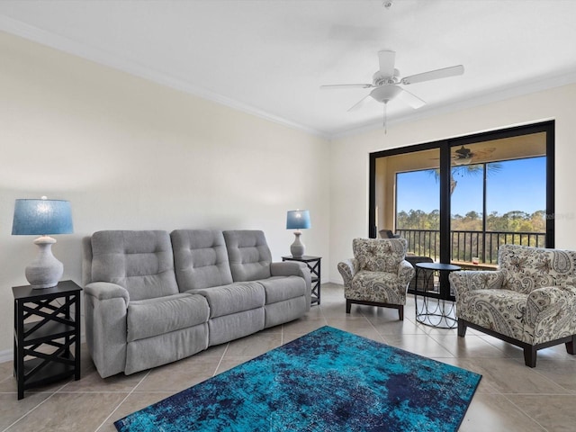 living room with light tile flooring, ornamental molding, and ceiling fan