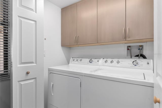 laundry room with washer and clothes dryer, cabinets, and hookup for a washing machine