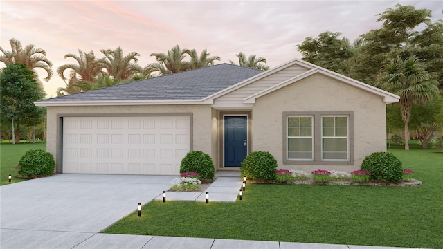 single story home featuring a yard and a garage