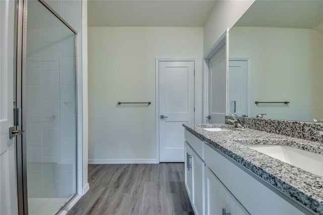 bathroom with double vanity, walk in shower, and wood-type flooring