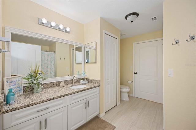 bathroom featuring vanity, a shower with shower curtain, and toilet