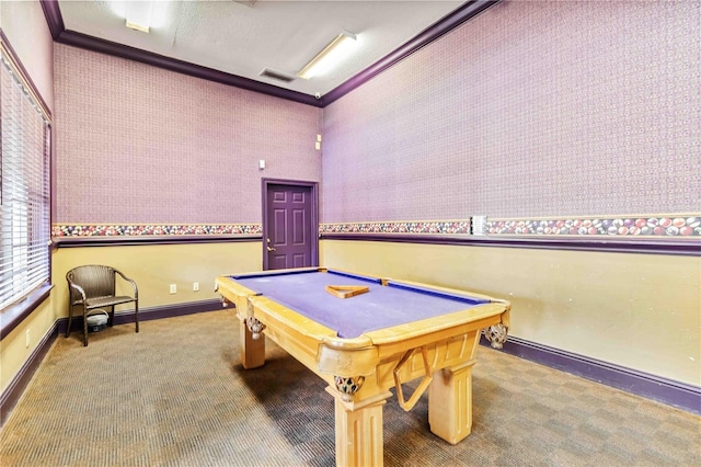 recreation room featuring carpet floors, billiards, and ornamental molding