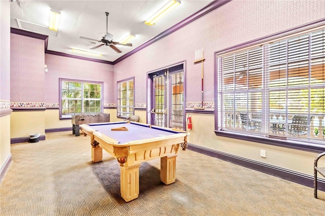 recreation room featuring light colored carpet, ceiling fan, crown molding, and pool table