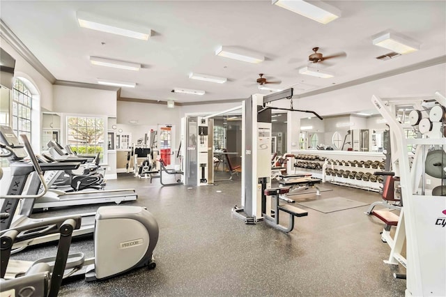 exercise room with ceiling fan and ornamental molding