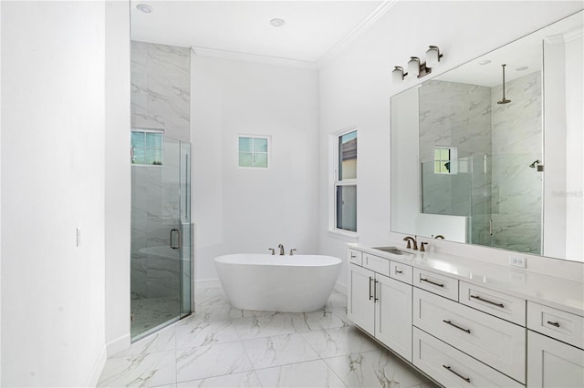 bathroom featuring ornamental molding, vanity, and plus walk in shower