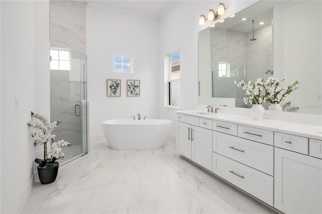 bathroom featuring crown molding, vanity, and plus walk in shower