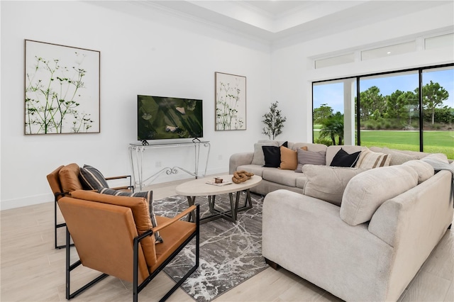 living room with crown molding and light hardwood / wood-style flooring