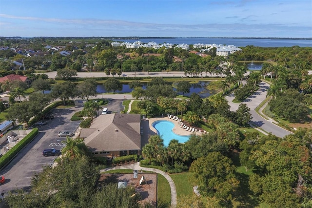 birds eye view of property featuring a water view