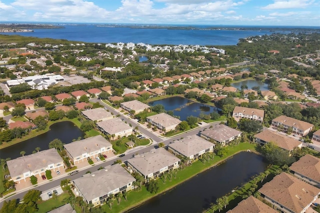 drone / aerial view featuring a water view