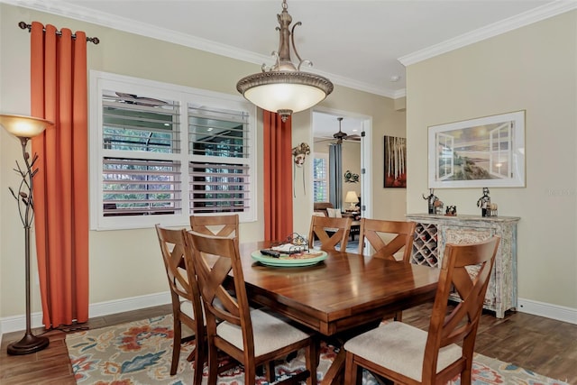 dining space featuring crown molding, ceiling fan, and dark hardwood / wood-style flooring