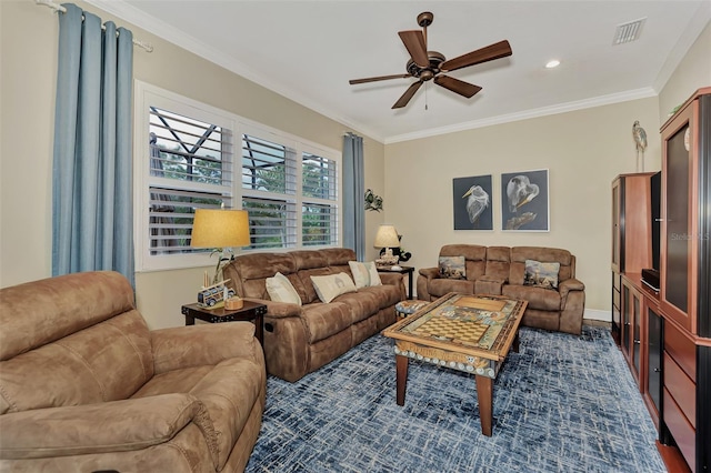 living room featuring ceiling fan, dark hardwood / wood-style flooring, and ornamental molding