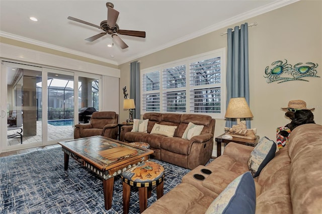 living room featuring crown molding and ceiling fan