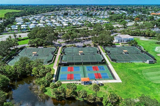 bird's eye view with a water view