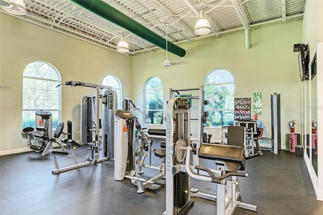 workout area featuring a towering ceiling