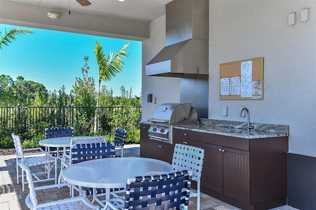 view of patio featuring ceiling fan, area for grilling, and sink