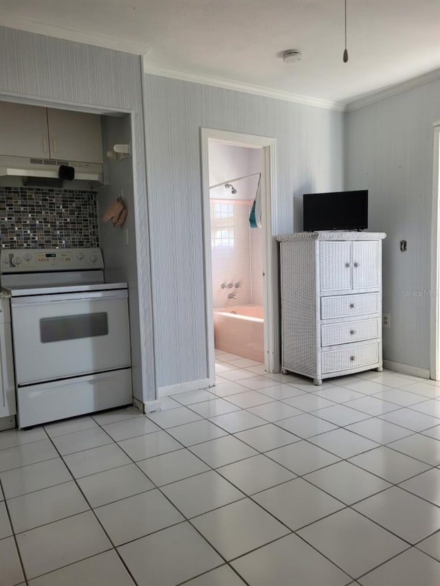 kitchen featuring white electric stove, crown molding, range hood, light tile flooring, and tasteful backsplash