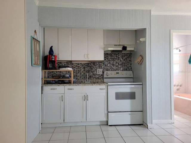 kitchen featuring electric stove, tasteful backsplash, light tile floors, and light stone counters