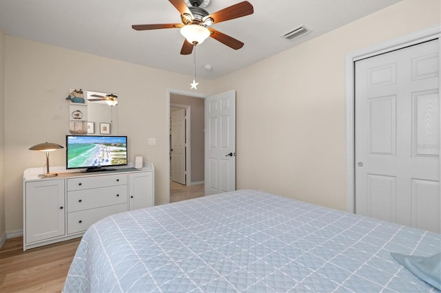 bedroom with light wood-type flooring, visible vents, and ceiling fan