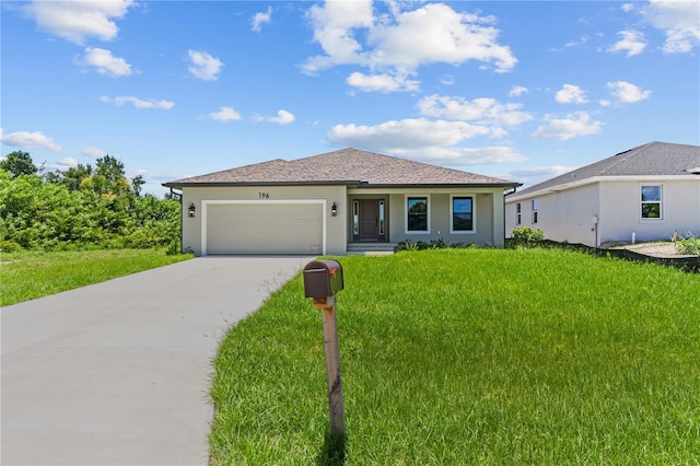 ranch-style home with a garage, a front yard, concrete driveway, and stucco siding