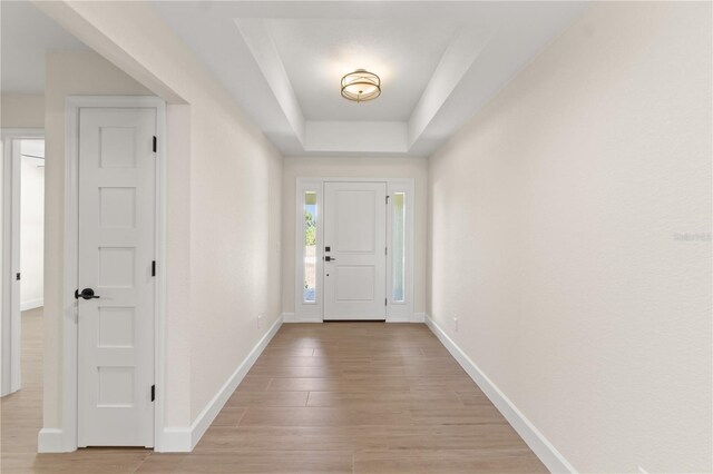 foyer with light hardwood / wood-style floors and a raised ceiling