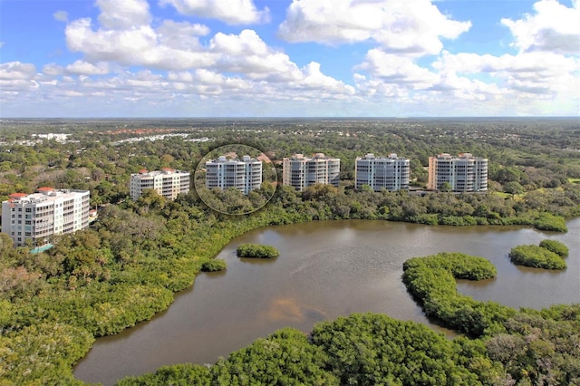 drone / aerial view featuring a water view