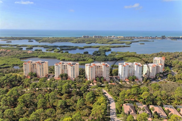 bird's eye view with a water view