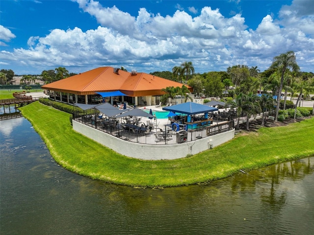 drone / aerial view featuring a water view