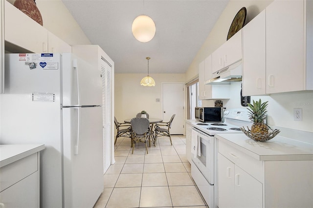 kitchen featuring decorative light fixtures, white appliances, white cabinetry, and light tile patterned floors