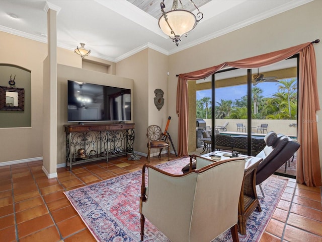 living room featuring tile flooring and crown molding