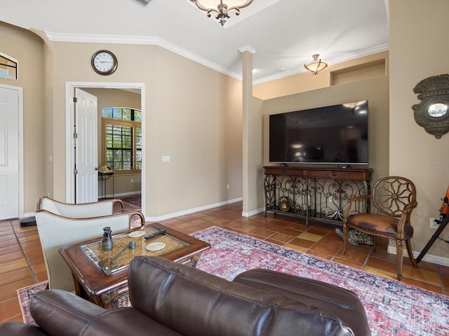 tiled living room with ornamental molding