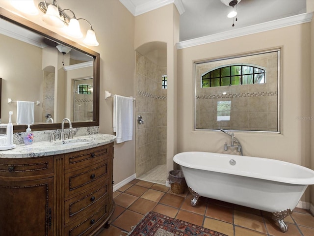 bathroom featuring large vanity, tile floors, plus walk in shower, and crown molding