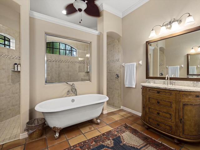 bathroom featuring large vanity, tile flooring, ornamental molding, and ceiling fan