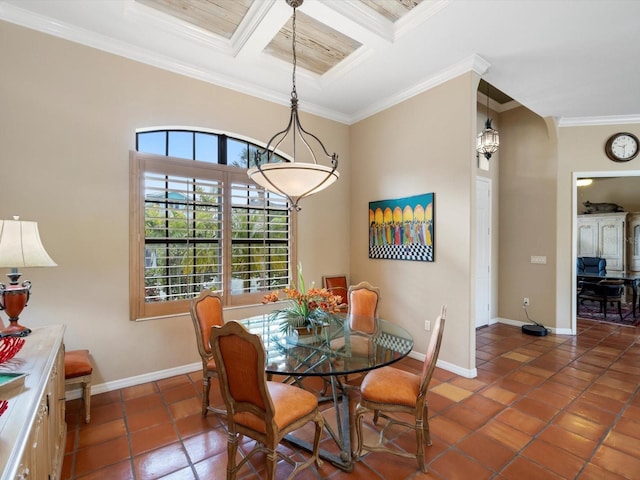 tiled dining space featuring coffered ceiling, ornamental molding, and beam ceiling