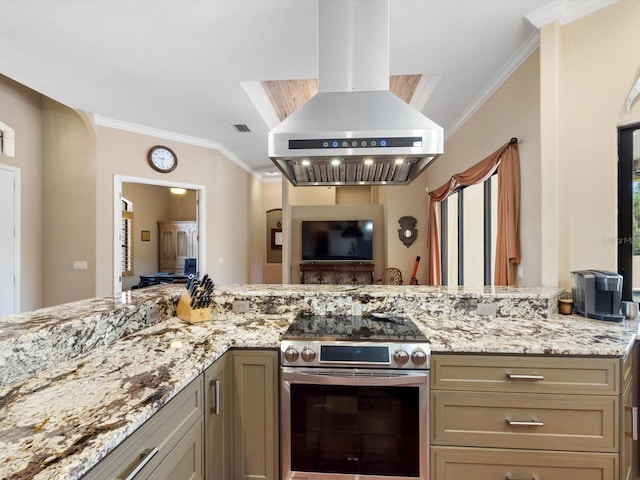 kitchen featuring electric stove, light stone countertops, ornamental molding, and island exhaust hood