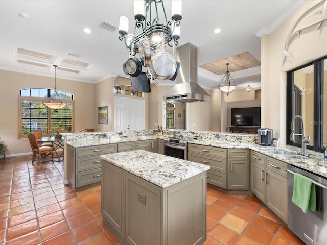 kitchen featuring pendant lighting, stainless steel appliances, light tile flooring, island exhaust hood, and sink