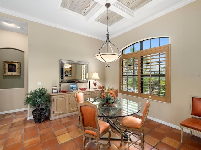 dining room featuring coffered ceiling, ornamental molding, light tile floors, and beam ceiling