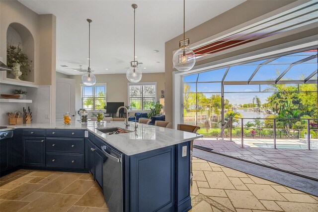 kitchen featuring sink, light tile floors, hanging light fixtures, dishwasher, and light stone countertops