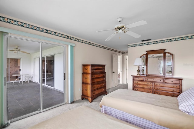 bedroom with carpet, access to outside, ceiling fan, and a closet