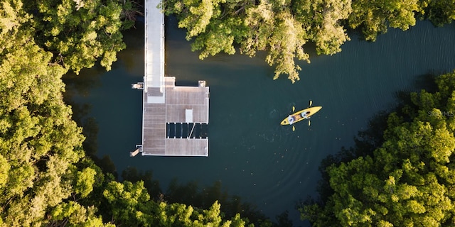 birds eye view of property featuring a water view