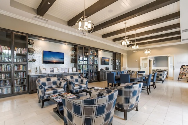 living room featuring beamed ceiling, wooden ceiling, light tile patterned floors, and an inviting chandelier