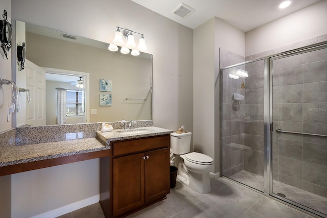 bathroom featuring an enclosed shower, vanity, ceiling fan, tile patterned flooring, and toilet