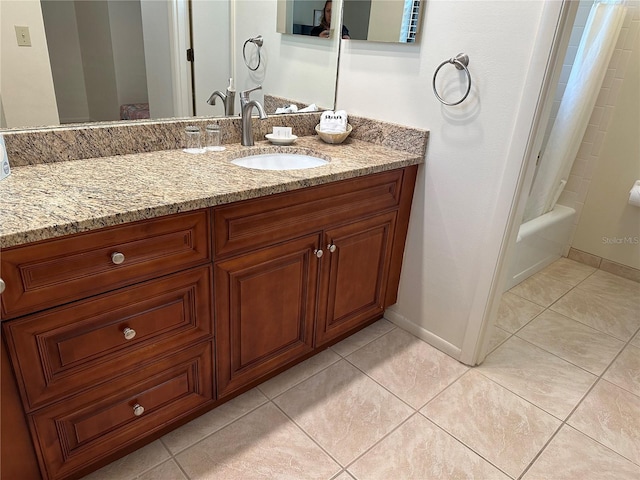 bathroom with tile flooring, large vanity, and shower / tub combo