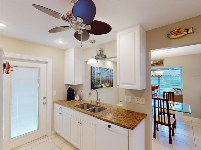 kitchen with dishwasher, white cabinets, sink, hanging light fixtures, and ceiling fan